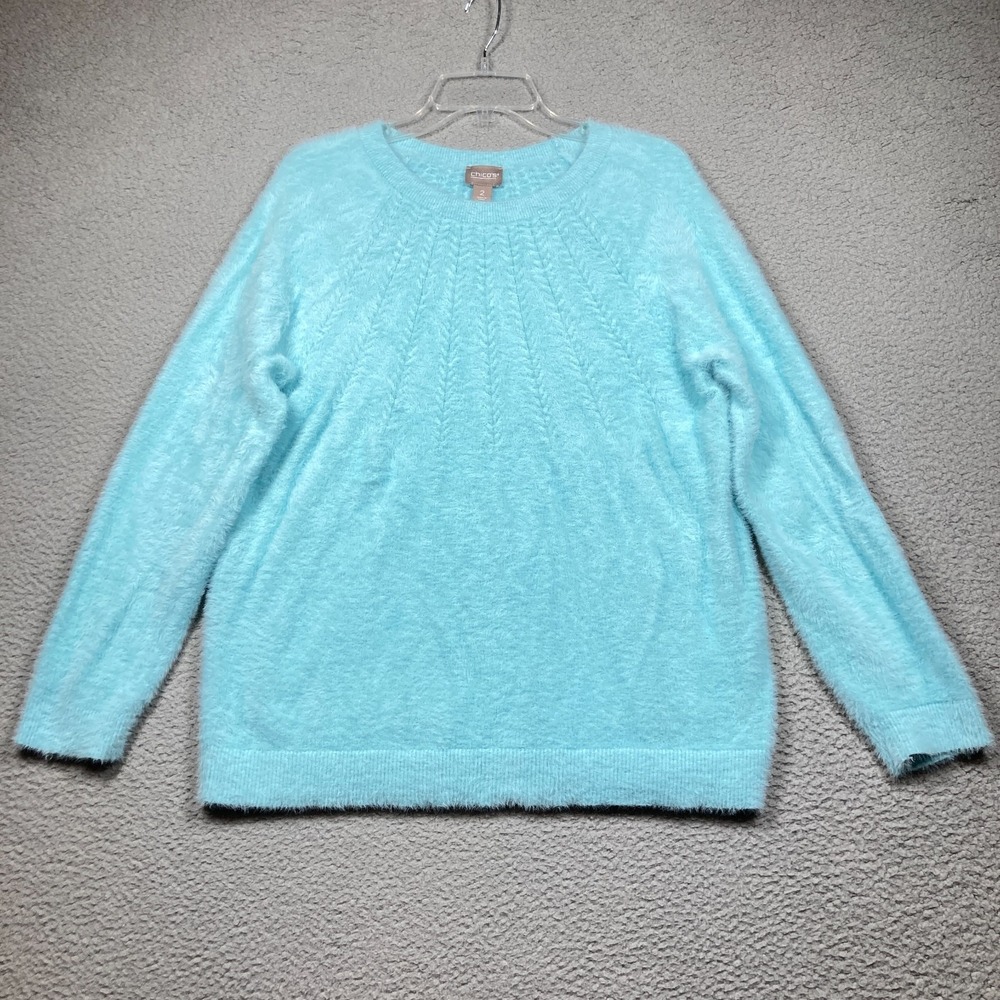 Chico's Sweater Women's 2 (Large) Fuzzy Baby Blue Long Sleeve Pullover‎ Casual